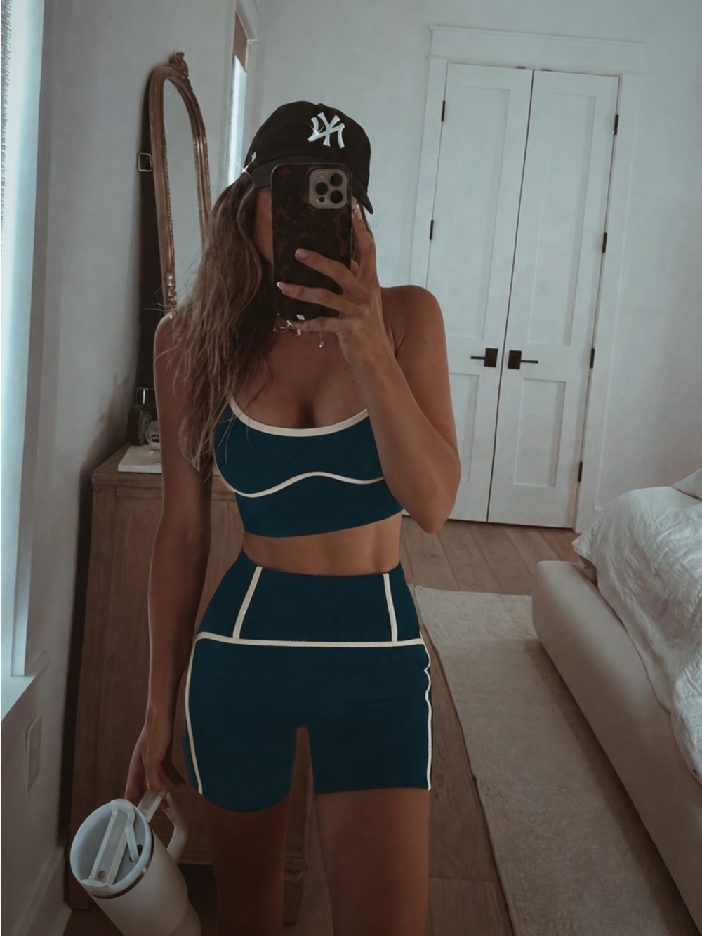 l*space Teal & Cream Ribbed Contrast-Trim Crop Top and Shorts Set